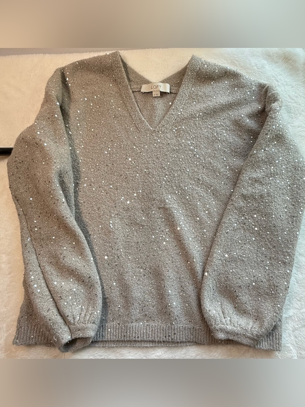 LOFT Gray Sequin V-Neck Sweater